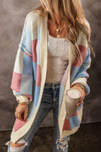 Load image into Gallery viewer, Light Blue Checkered Drop Shoulder Exposed Seam Open Front Cardigan
