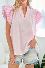 Cargar imagen en el visor de la galería, Pink Stripe Contrast Trim V Neck Flutter Sleeve Blouse
