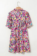 Load image into Gallery viewer, Pink Floral Puff Short Sleeve V Neck Mini Dress
