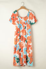 Cargar imagen en el visor de la galería, Orange Plus Size Flower Print Shirred Square Neck Maxi Dress
