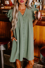 Cargar imagen en el visor de la galería, Mist Green Ruffle Sleeve V Neck Frilled Shift Dress
