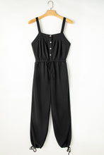 Load image into Gallery viewer, Black Knotted Straps Button Textured Drawstring Jumpsuit
