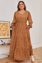 Load image into Gallery viewer, Brown Plus Size Floral Split V Neck Ruffled Sleeve Tiered Maxi Dress
