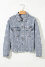 Load image into Gallery viewer, Sky Blue Bow Knot Print Light Wash Raw Hem Denim Jacket
