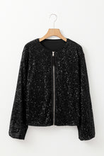 Cargar imagen en el visor de la galería, Black Sequin Zip up Round Neck Long Sleeve Jacket
