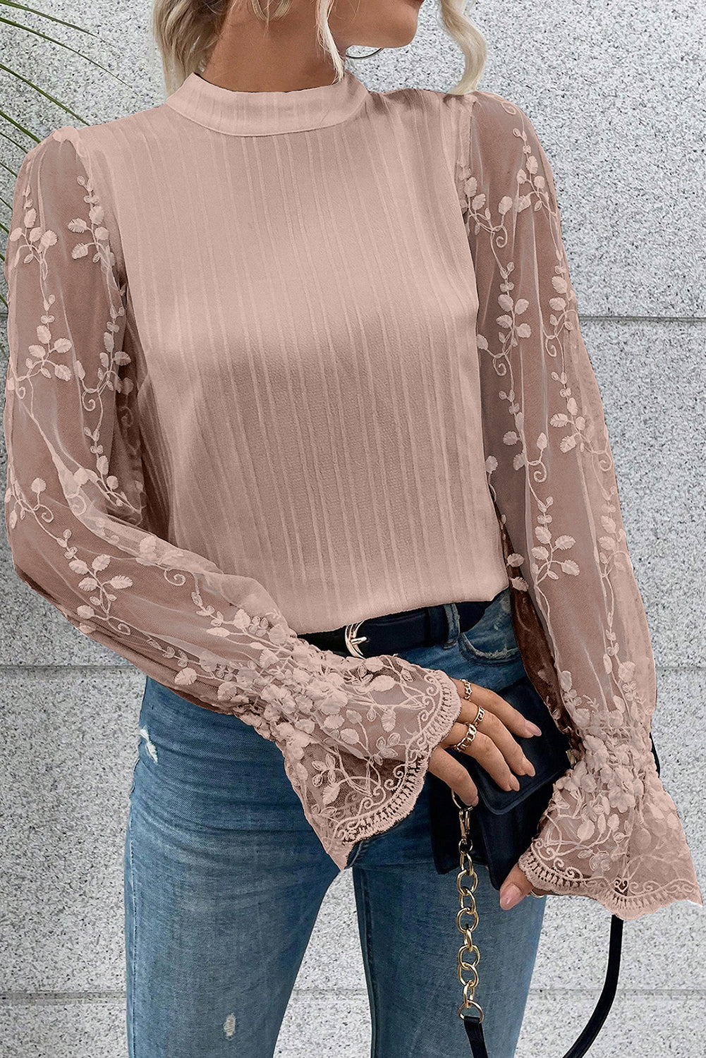 Peach Lace Sleeve Textured Blouse