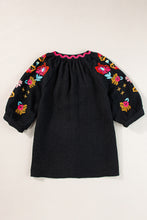 Cargar imagen en el visor de la galería, Black Floral Embroidered Ricrac Puff Sleeve Textured Blouse
