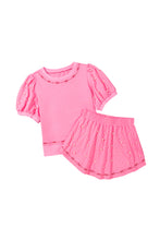 Load image into Gallery viewer, Pink Contrast Bow Trim Pearl Puff Sleeve Blouse and Skort 2pcs Set
