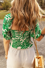 Cargar imagen en el visor de la galería, Dark Green Tropical Leaf Print Smocked Crop Top
