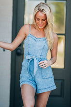 Cargar imagen en el visor de la galería, Beau Blue Spaghetti Straps Belted Denim Romper
