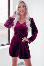 Load image into Gallery viewer, Red Dahlia Velvet Surplice Neck Ruffled Sleeve High Waist Romper
