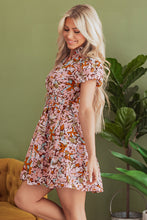 Load image into Gallery viewer, Pink Floral Print Puff Sleeve Shirred High Waist Mini Dress
