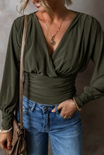 Cargar imagen en el visor de la galería, Moss Green Ruched Wrap V Neck Long Sleeve Bodysuit
