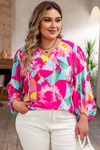 Cargar imagen en el visor de la galería, Pink Curvy Girl Graffiti Print Split Neck Puff Sleeve Blouse
