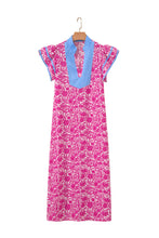 Load image into Gallery viewer, Pink Floral Print Color Block Patchwork V Neck Short Sleeve Midi Dress

