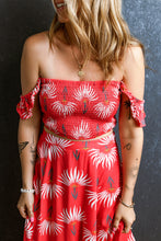 Cargar imagen en el visor de la galería, Red Floral Shirred Off Shoulder Crop Top and Slit Maxi Skirt Set
