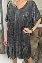 Load image into Gallery viewer, Dark Grey Sequin V Neck Dolman Sleeve Shift Dress
