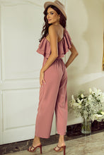 Load image into Gallery viewer, Dusty Pink One Shoulder Ruffle Trim Belted Jumpsuit
