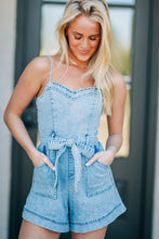 Cargar imagen en el visor de la galería, Beau Blue Spaghetti Straps Belted Denim Romper
