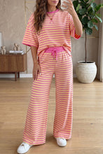 Cargar imagen en el visor de la galería, Pink Stripe Colorblock Trim Crew Neck Loose Tee Drawstring Elastic Waist 2pcs Pant Set

