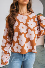 Cargar imagen en el visor de la galería, Brown Floral Pattern Crew Neck Long Sleeve Loose Sweater
