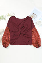 Load image into Gallery viewer, Burgundy Sequin Patchwork Sleeve Open Back Waffle Knit Top
