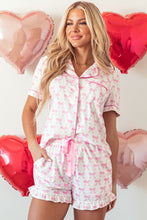 Load image into Gallery viewer, Pink Bowknot Printed Short Sleeve and Ruffled Shorts Valentines Pajama Set
