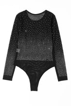 Cargar imagen en el visor de la galería, Black Rhinestone Embellished Mesh Long Sleeve Cowgirl Bodysuit
