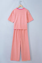 Cargar imagen en el visor de la galería, Pink Stripe Colorblock Trim Crew Neck Loose Tee Drawstring Elastic Waist 2pcs Pant Set
