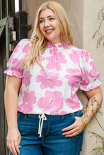 Cargar imagen en el visor de la galería, Purple Floral Ruffled Mock Neck Puff Sleeve Plus Size Blouse
