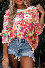 Load image into Gallery viewer, Pink Shirred Cuffs 3/4 Sleeve Floral Blouse
