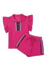 Load image into Gallery viewer, Strawberry Pink Striped Detail Flutter Sleeve Zipped Collar Short Set
