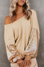 Load image into Gallery viewer, Apricot Sequin Patchwork Sleeve Open Back Waffle Knit Top
