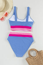 Cargar imagen en el visor de la galería, Light Blue Colorblock High Waisted Bikini Swimsuit
