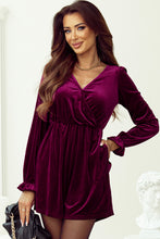 Load image into Gallery viewer, Red Dahlia Velvet Surplice Neck Ruffled Sleeve High Waist Romper
