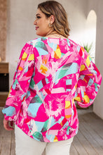 Load image into Gallery viewer, Pink Curvy Girl Graffiti Print Split Neck Puff Sleeve Blouse
