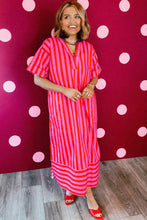 Cargar imagen en el visor de la galería, Red Stripe V Neck Cuffed Sleeve Relaxed Split Midi Dress
