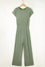 Cargar imagen en el visor de la galería, Grass Green Solid Color Ribbed Short Sleeve Wide Leg Jumpsuit
