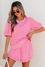 Load image into Gallery viewer, Pink Contrast Bow Trim Pearl Puff Sleeve Blouse and Skort 2pcs Set
