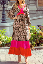 Cargar imagen en el visor de la galería, Brown Leopard Color Block V Neck Loose Fit Maxi Dress
