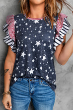 Cargar imagen en el visor de la galería, Gray Striped Ruffled Sleeve Star Print T Shirt
