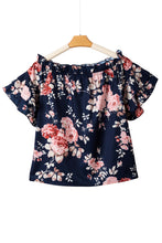 Cargar imagen en el visor de la galería, Blue Ruffle Off Shoulder Flounce Sleeve Floral Blouse
