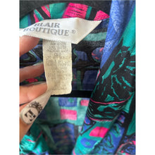Load image into Gallery viewer, Vintage 80s Vibrant Teal &amp; Purple Printed Oversized Blazer with Satin Cuffs
