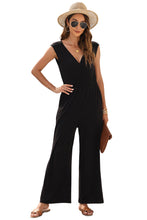 Cargar imagen en el visor de la galería, Black Deep V Pleated Crisscross Wide Leg Backless Jumpsuit
