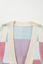 Load image into Gallery viewer, Light Blue Checkered Drop Shoulder Exposed Seam Open Front Cardigan
