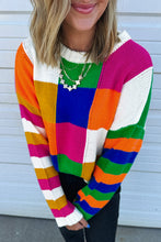 Load image into Gallery viewer, Orange Checkered Color Block Round Neck Loose Sweater
