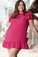 Load image into Gallery viewer, Strawberry Pink Plus Size Jacquard Short Ruffle Sleeve Mini Dress
