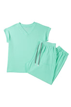 Cargar imagen en el visor de la galería, Mint Green Solid V-Neck Tee and Drawstring Plus Size Pants Set
