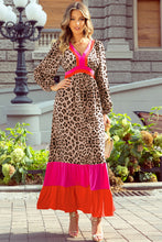 Cargar imagen en el visor de la galería, Brown Leopard Color Block V Neck Loose Fit Maxi Dress
