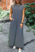 Load image into Gallery viewer, Black white Striped Print Buttoned Wide Leg Sleeveless Jumpsuit
